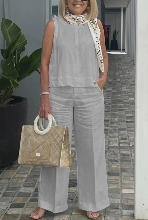 Summer Linen 2 Piece Set Women Casual Solid 2 Piece Outfit Sleeveless Blouse Tops Wide Leg Pants Suit Women Street Wear Sets