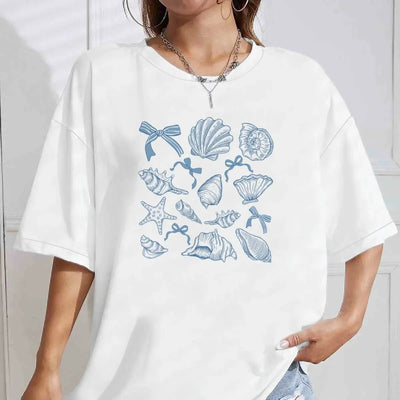 Summer Four Seasons Ins Personality American Blue Bow Shell Printing Women's T-shirt Fashionable Oversized Half-sleeved Top