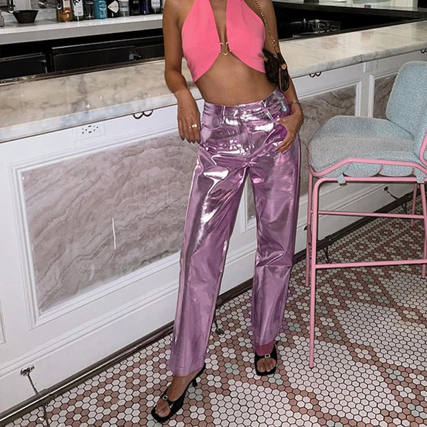 Silver Summer Straight Women's Pants PU Clothing Solid Casual Pocket Trousers Streetwear Fashion High Waist Ankle-Length Pants