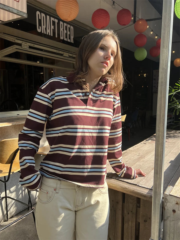 Summer Polo Shirts Woman Long Sleeve Crop Top Color Block Green Stripe Print Polo Shirts Mujer Casual Tops Striped Brown Autumn