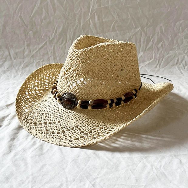Summer Bohemian Shell Straw Hat Beach Women Men Cowboy Hats Wooden Beads Hollow Out Western Wide Brim Sun Hat Holiday Cap