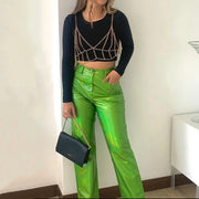 Silver Summer Straight Women's Pants PU Clothing Solid Casual Pocket Trousers Streetwear Fashion High Waist Ankle-Length Pants
