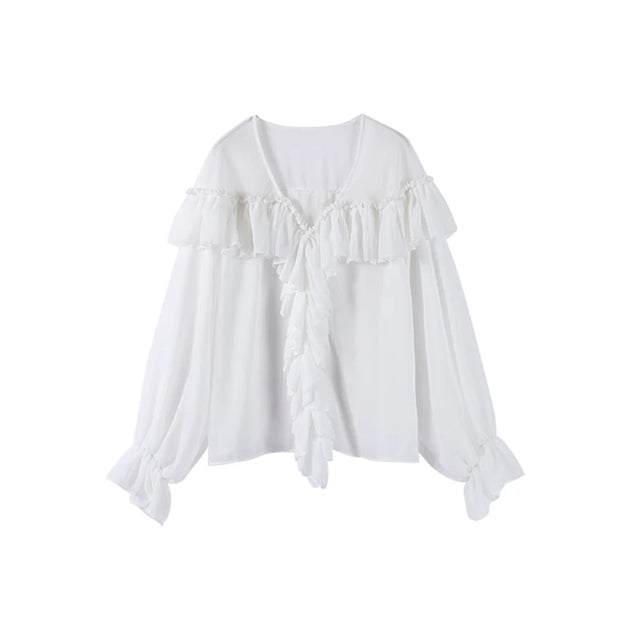 Mesh Sheer Shirt Women Elegant Pleated Layered Deep V Neck Flare Sleeve Pullover Blouse Female 2025 New Commute High Streetwears