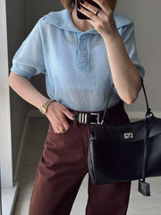 Summer Knitted Polo T Shirt Women Pink Short Puff Sleeve Top Knit Tees White Thin Women's T-shirt Simple Summer Tops For Woman
