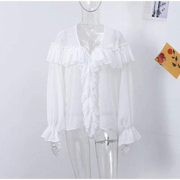 Mesh Sheer Shirt Women Elegant Pleated Layered Deep V Neck Flare Sleeve Pullover Blouse Female 2025 New Commute High Streetwears