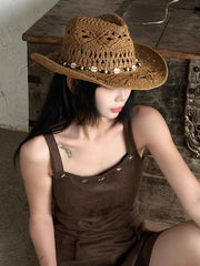 Summer with Shell Beach Hat Women Western Cowboy Hat Wide Brim Sunscreen Sun Hats for Outdoor Breathable Hand-Woven Straw Panama