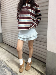 Summer Polo Shirts Woman Long Sleeve Crop Top Color Block Green Stripe Print Polo Shirts Mujer Casual Tops Striped Brown Autumn