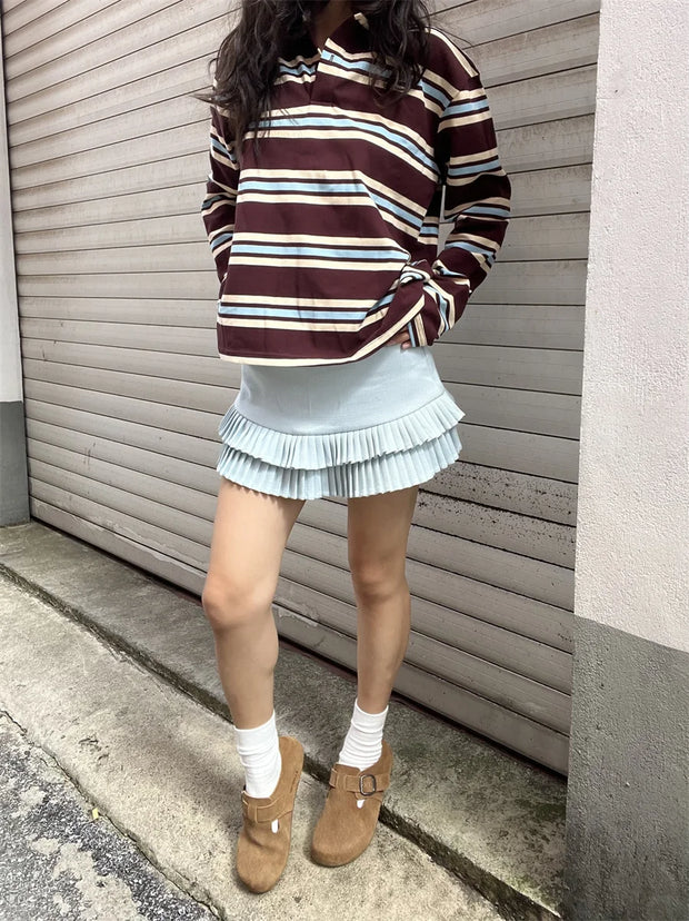 Summer Polo Shirts Woman Long Sleeve Crop Top Color Block Green Stripe Print Polo Shirts Mujer Casual Tops Striped Brown Autumn