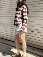 Summer Polo Shirts Woman Long Sleeve Crop Top Color Block Green Stripe Print Polo Shirts Mujer Casual Tops Striped Brown Autumn