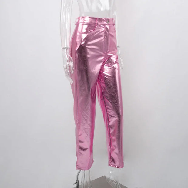 Silver Summer Straight Women's Pants PU Clothing Solid Casual Pocket Trousers Streetwear Fashion High Waist Ankle-Length Pants
