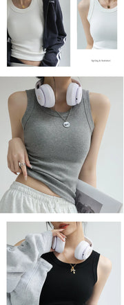 Ribbed Knitted Tops Neck Summer Basic Shirts White Black Casual Sport Vest Off Shoulder  Women's Tank TopWith chest pad
