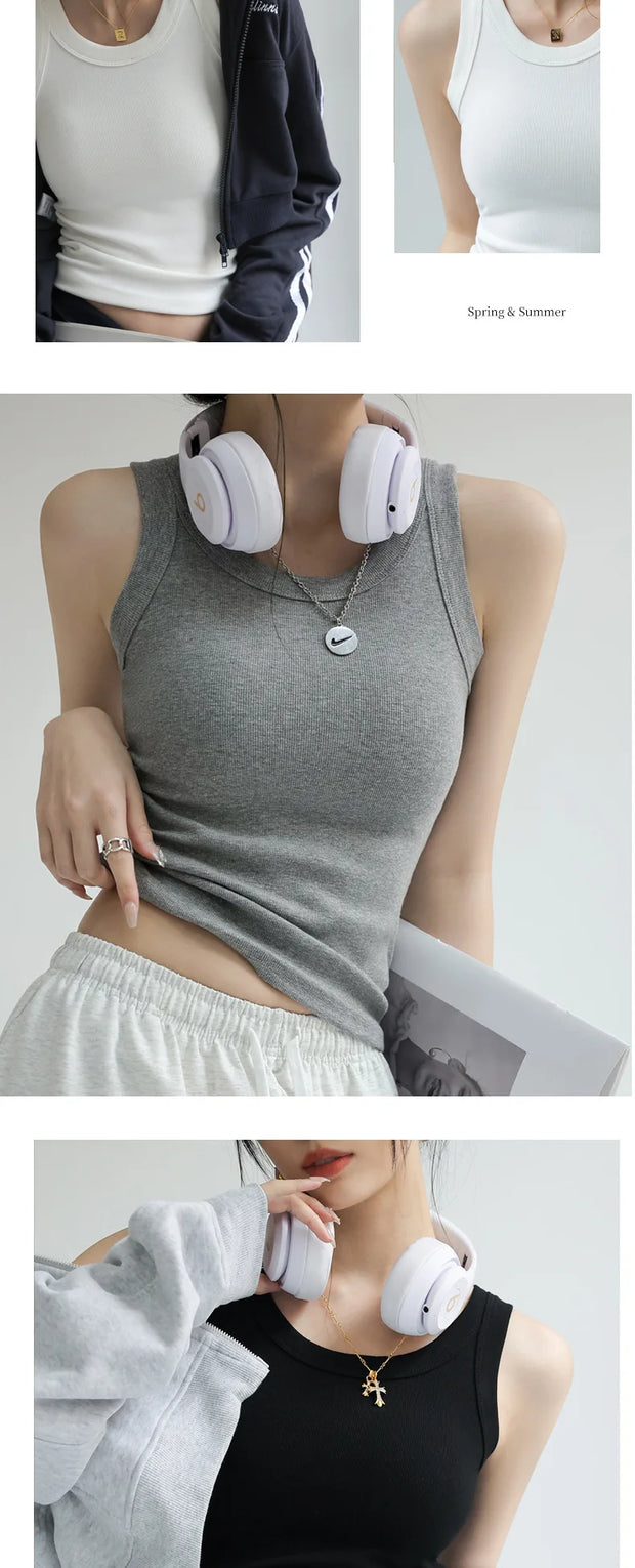 Ribbed Knitted Tops Neck Summer Basic Shirts White Black Casual Sport Vest Off Shoulder  Women's Tank TopWith chest pad
