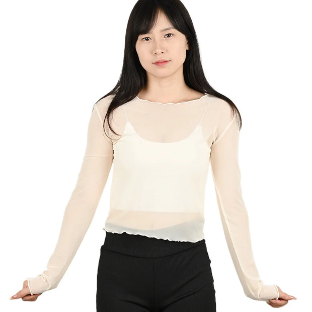 Summer Women Sunscreen T-shirt Girls Sexy Black Mesh Long-sleeved Tops Famale Ice Silk Transparent Sheer Bottom Blouses Shirts