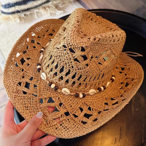 Summer with Shell Beach Hat Women Western Cowboy Hat Wide Brim Sunscreen Sun Hats for Outdoor Breathable Hand-Woven Straw Panama
