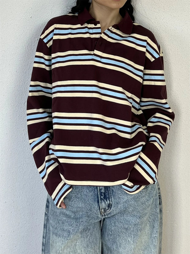 Summer Polo Shirts Woman Long Sleeve Crop Top Color Block Green Stripe Print Polo Shirts Mujer Casual Tops Striped Brown Autumn