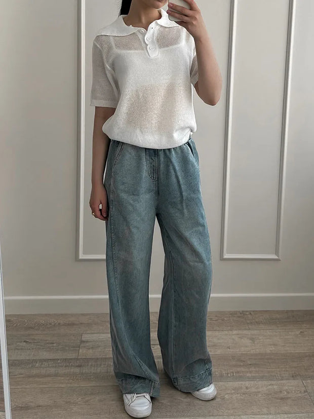 Summer Knitted Polo T Shirt Women Pink Short Puff Sleeve Top Knit Tees White Thin Women's T-shirt Simple Summer Tops For Woman