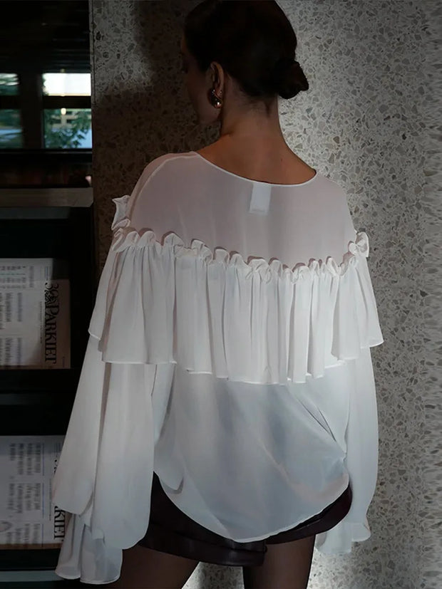 Mesh Sheer Shirt Women Elegant Pleated Layered Deep V Neck Flare Sleeve Pullover Blouse Female 2025 New Commute High Streetwears