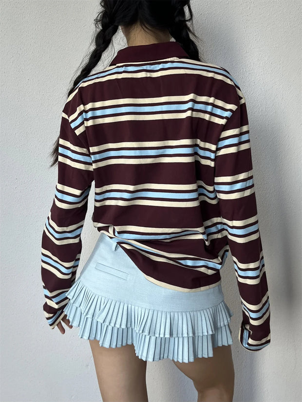 Summer Polo Shirts Woman Long Sleeve Crop Top Color Block Green Stripe Print Polo Shirts Mujer Casual Tops Striped Brown Autumn
