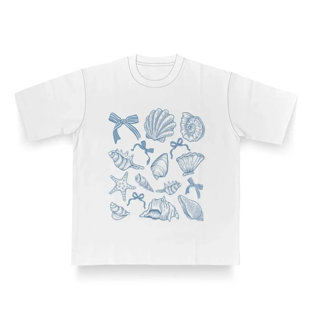 Summer Four Seasons Ins Personality American Blue Bow Shell Printing Women's T-shirt Fashionable Oversized Half-sleeved Top