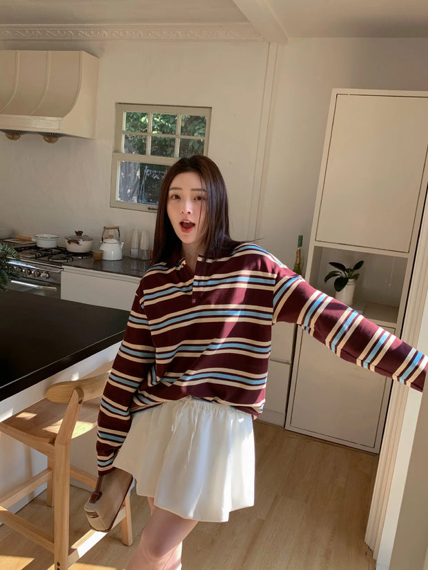 Summer Polo Shirts Woman Long Sleeve Crop Top Color Block Green Stripe Print Polo Shirts Mujer Casual Tops Striped Brown Autumn