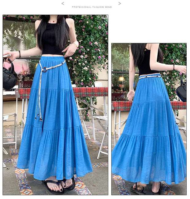 Boho Summer Cotton-Linen Midi Skirt: Flowy A-Line Pleated Long Skirt with Slimming Fit & Hip-Hiding Design for Resort Vacations