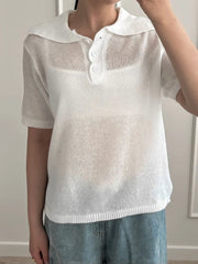 Summer Knitted Polo T Shirt Women Pink Short Puff Sleeve Top Knit Tees White Thin Women's T-shirt Simple Summer Tops For Woman