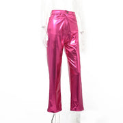 Silver Summer Straight Women's Pants PU Clothing Solid Casual Pocket Trousers Streetwear Fashion High Waist Ankle-Length Pants