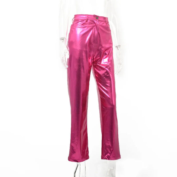 Silver Summer Straight Women's Pants PU Clothing Solid Casual Pocket Trousers Streetwear Fashion High Waist Ankle-Length Pants