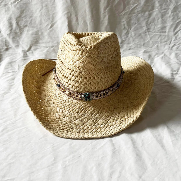 Summer Bohemian Shell Straw Hat Beach Women Men Cowboy Hats Wooden Beads Hollow Out Western Wide Brim Sun Hat Holiday Cap