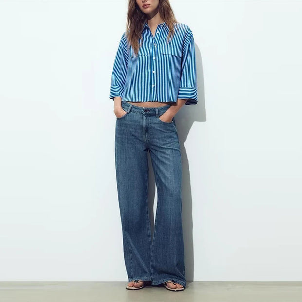 Street Sle mat Casual irt Women's Summer 2025 Wide Sve Turn-down Collar Versatile Polyester Fiber Six Sve Le...