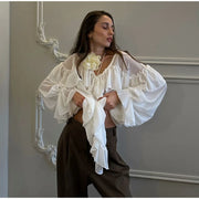 Mesh Sheer Shirt Women Elegant Pleated Layered Deep V Neck Flare Sleeve Pullover Blouse Female 2025 New Commute High Streetwears
