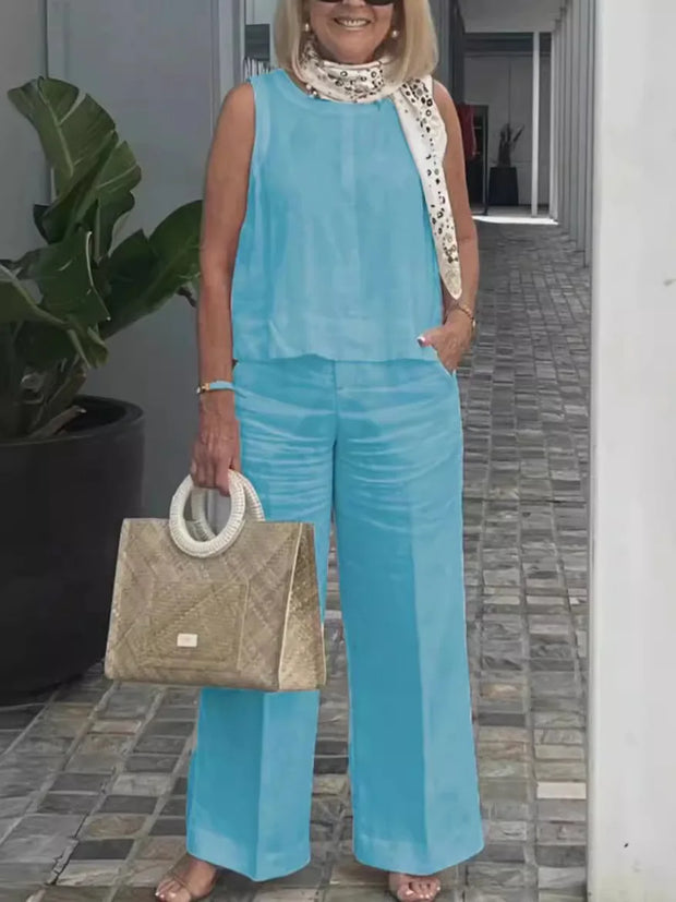 Summer Linen 2 Piece Set Women Casual Solid 2 Piece Outfit Sleeveless Blouse Tops Wide Leg Pants Suit Women Street Wear Sets
