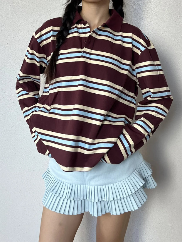 Summer Polo Shirts Woman Long Sleeve Crop Top Color Block Green Stripe Print Polo Shirts Mujer Casual Tops Striped Brown Autumn