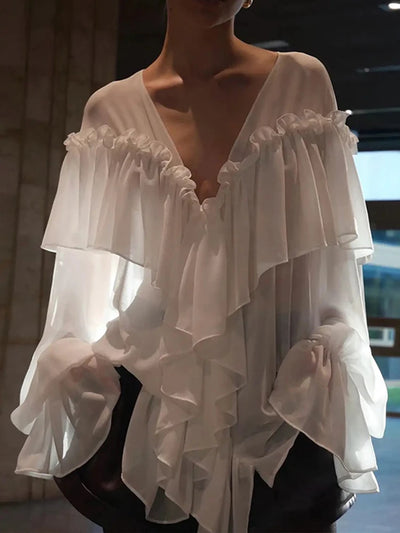 Mesh Sheer Shirt Women Elegant Pleated Layered Deep V Neck Flare Sleeve Pullover Blouse Female 2025 New Commute High Streetwears