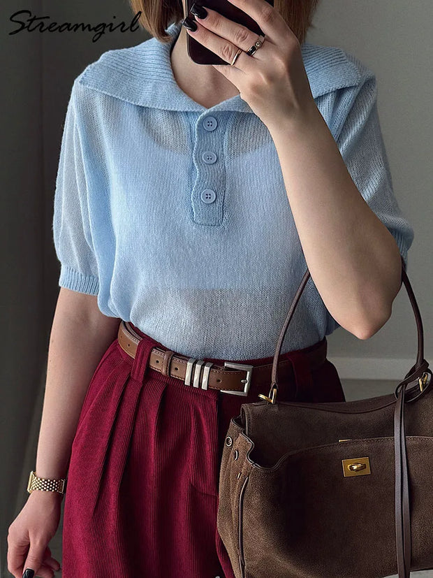 Summer Knitted Polo T Shirt Women Pink Short Puff Sleeve Top Knit Tees White Thin Women's T-shirt Simple Summer Tops For Woman