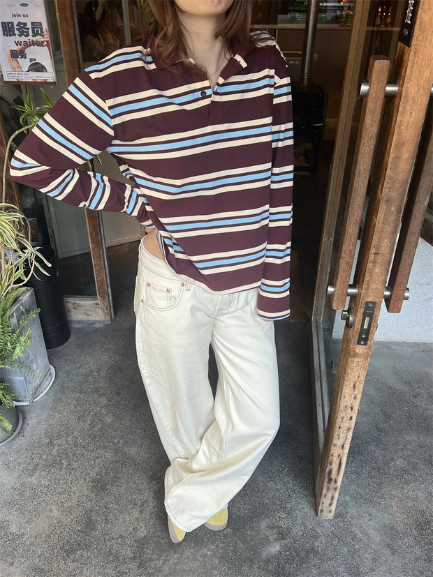 Summer Polo Shirts Woman Long Sleeve Crop Top Color Block Green Stripe Print Polo Shirts Mujer Casual Tops Striped Brown Autumn