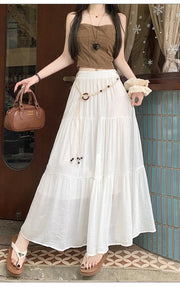 Boho Summer Cotton-Linen Midi Skirt: Flowy A-Line Pleated Long Skirt with Slimming Fit & Hip-Hiding Design for Resort Vacations