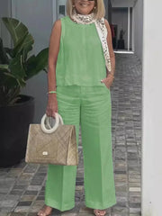 Summer Linen 2 Piece Set Women Casual Solid 2 Piece Outfit Sleeveless Blouse Tops Wide Leg Pants Suit Women Street Wear Sets