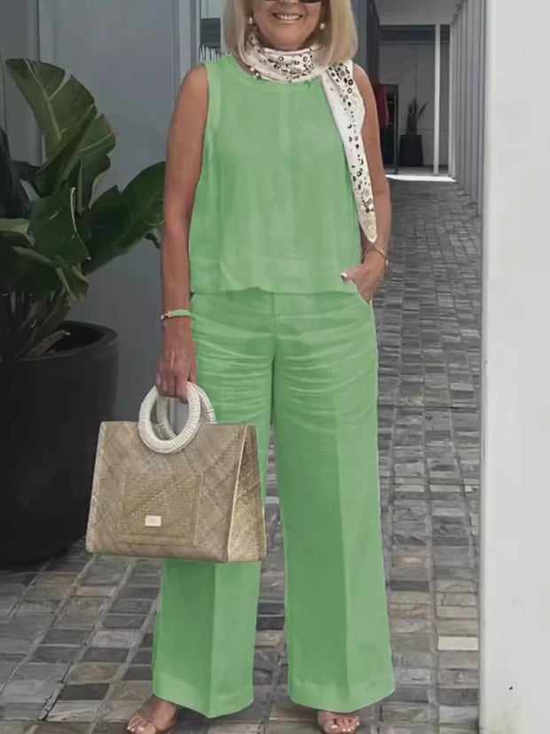 Summer Linen 2 Piece Set Women Casual Solid 2 Piece Outfit Sleeveless Blouse Tops Wide Leg Pants Suit Women Street Wear Sets