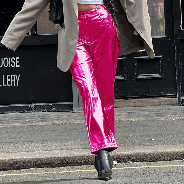 Silver Summer Straight Women's Pants PU Clothing Solid Casual Pocket Trousers Streetwear Fashion High Waist Ankle-Length Pants