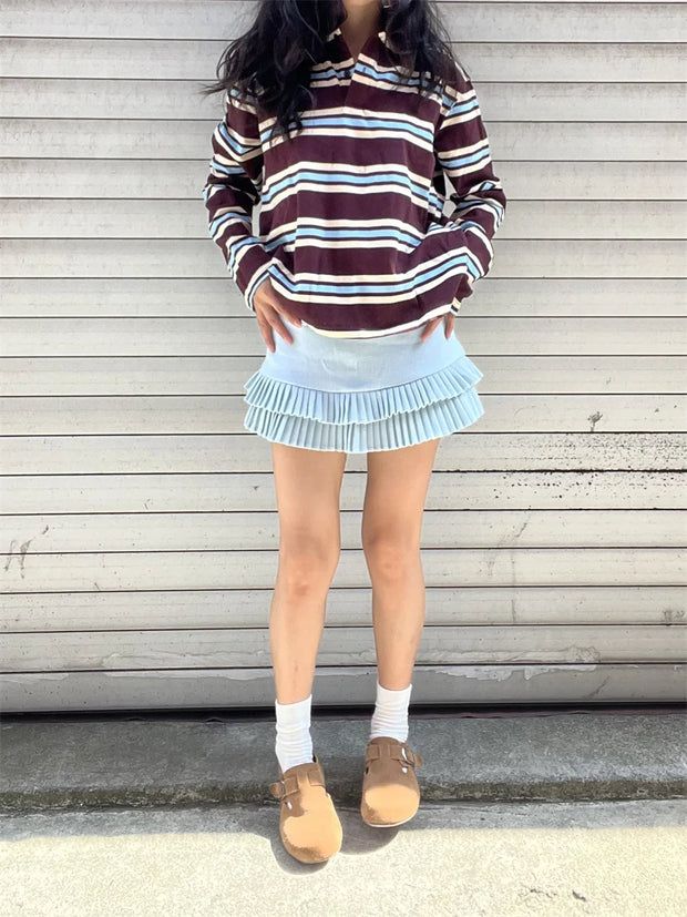 Summer Polo Shirts Woman Long Sleeve Crop Top Color Block Green Stripe Print Polo Shirts Mujer Casual Tops Striped Brown Autumn