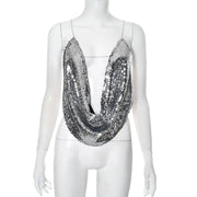 2025 Summer Silver Sparkling Camisole Fashion Sexy Hot Girls Sequins V-Neck Hanging Neck Backless Top Y2k Party Looks Top Women
