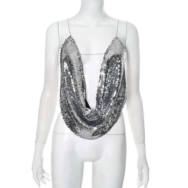 2025 Summer Silver Sparkling Camisole Fashion Sexy Hot Girls Sequins V-Neck Hanging Neck Backless Top Y2k Party Looks Top Women