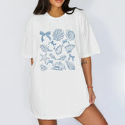 Summer Four Seasons Ins Personality American Blue Bow Shell Printing Women's T-shirt Fashionable Oversized Half-sleeved Top