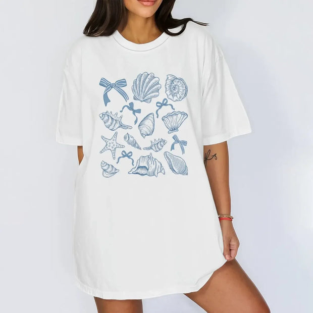 Summer Four Seasons Ins Personality American Blue Bow Shell Printing Women's T-shirt Fashionable Oversized Half-sleeved Top