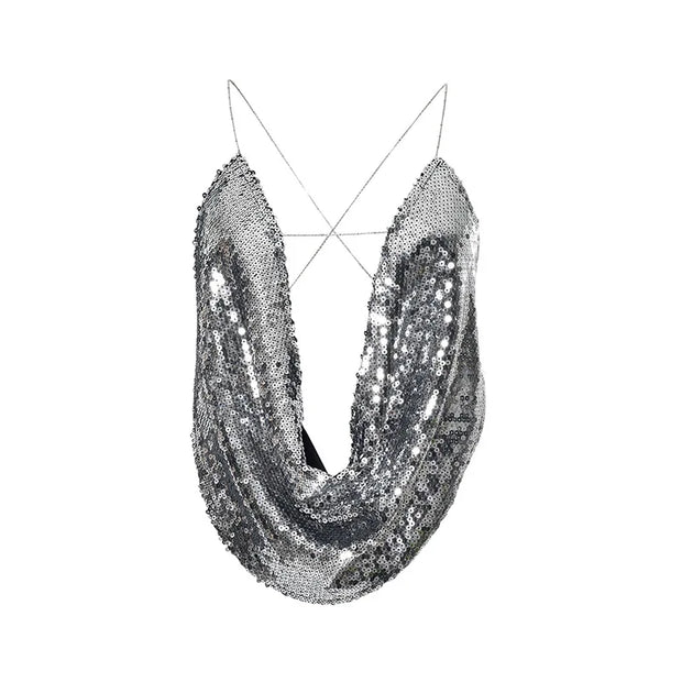 2025 Summer Silver Sparkling Camisole Fashion Sexy Hot Girls Sequins V-Neck Hanging Neck Backless Top Y2k Party Looks Top Women