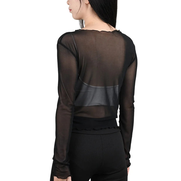 Summer Women Sunscreen T-shirt Girls Sexy Black Mesh Long-sleeved Tops Famale Ice Silk Transparent Sheer Bottom Blouses Shirts