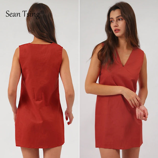 2025 Linen Summer Women Dresses Sexy V-Neck Sleeveless Basic Tank Dress Elegant Party Dresses Chic Boho Red Sundress