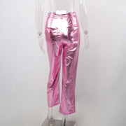 Silver Summer Straight Women's Pants PU Clothing Solid Casual Pocket Trousers Streetwear Fashion High Waist Ankle-Length Pants