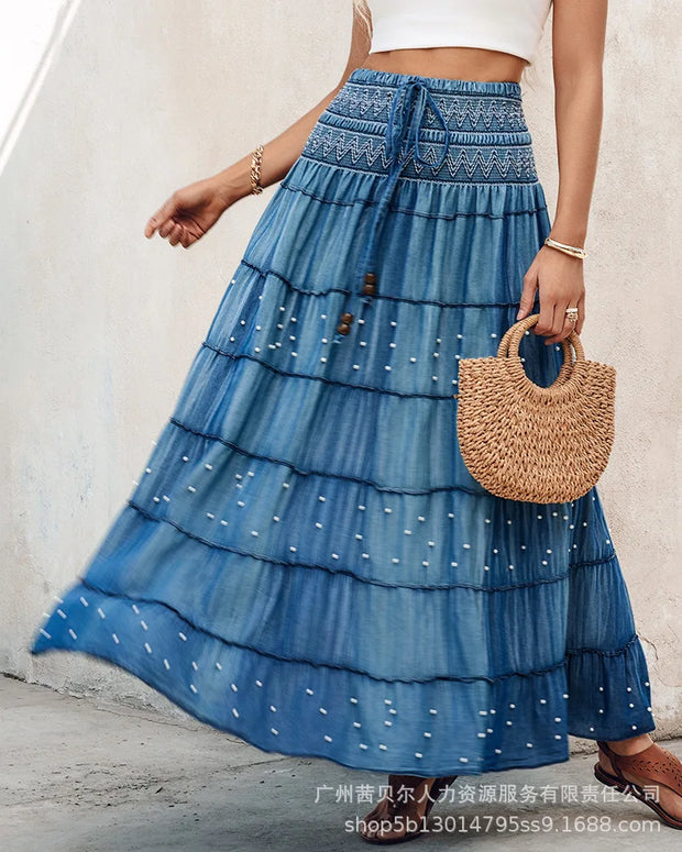 Denim Skirts Women Mid Length Skirt A Line Slim Fit Elegant Splice Y2k Streetwear High Waist Casual Work Lace Up Summer 2025